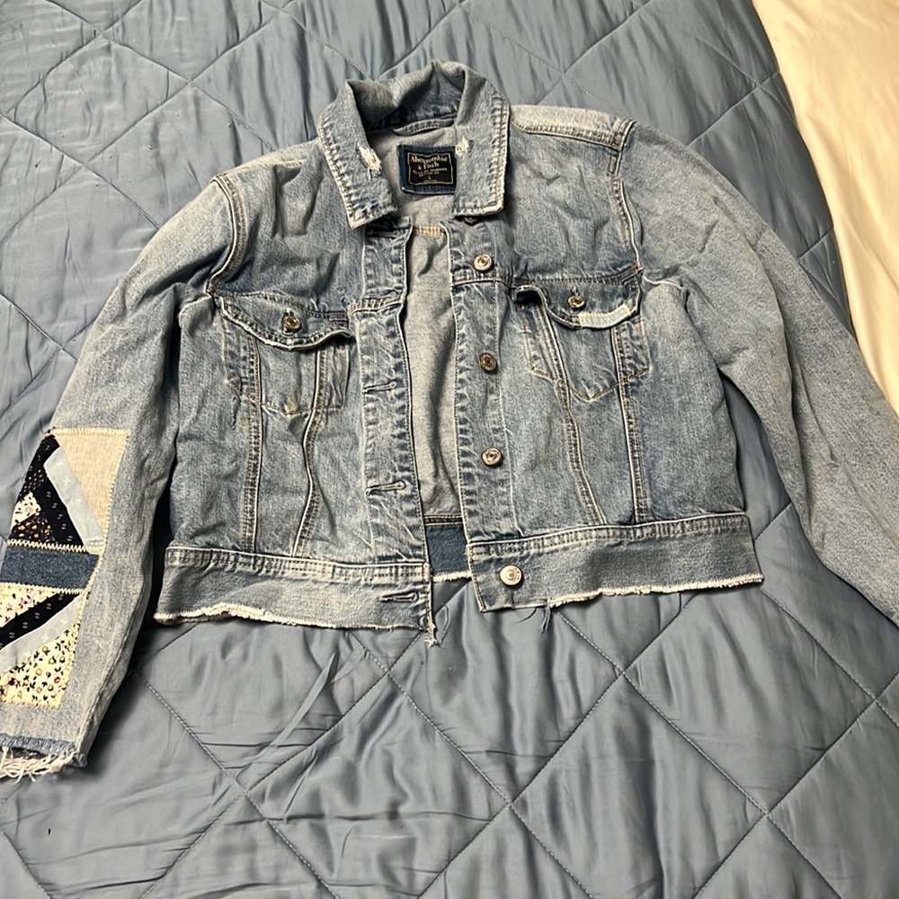 Abercrombie & Fitch, distressed jean jacket with patchwork detail, size L